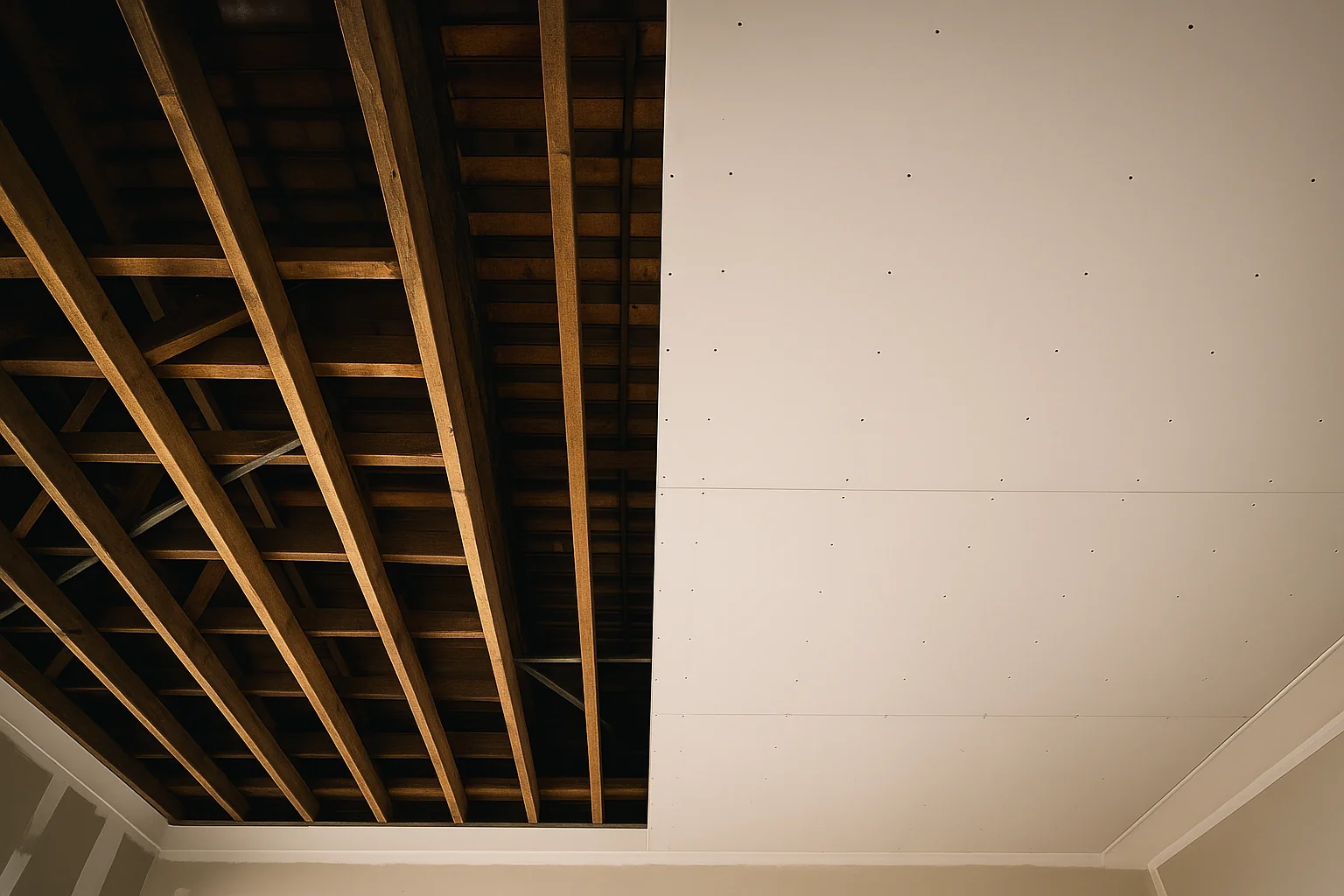 Looking up at a Perth ceiling half sheeted in new plasterboard, the rest still open to the timber joists