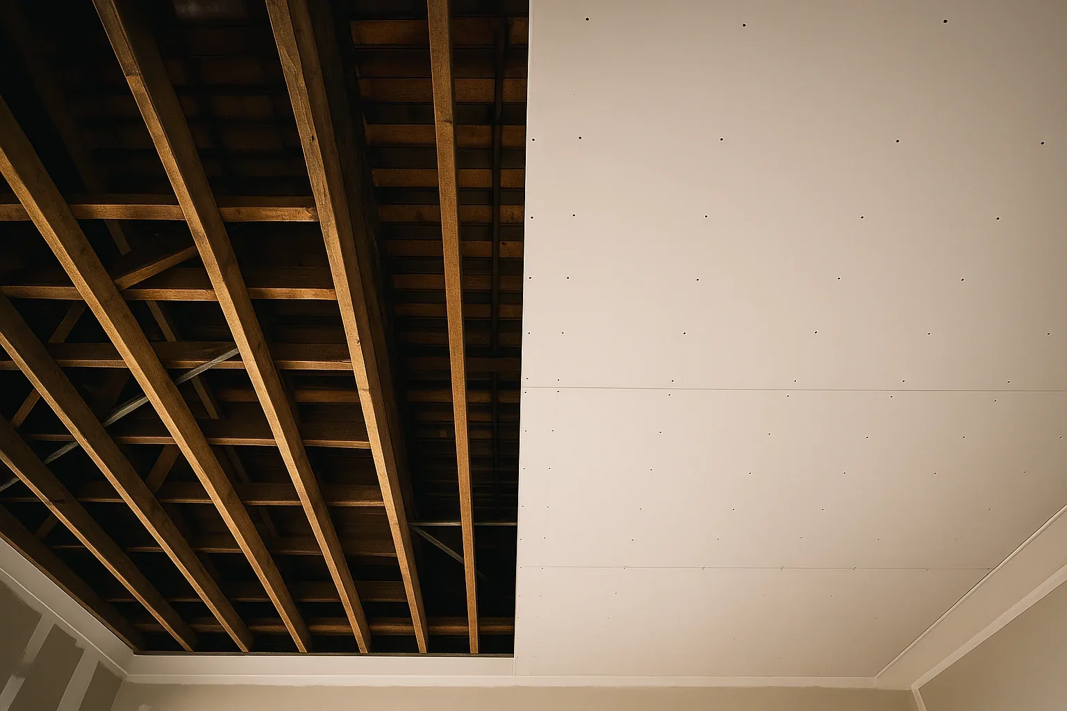 Looking up at a Perth ceiling half sheeted in new plasterboard, the rest still open to the timber joists