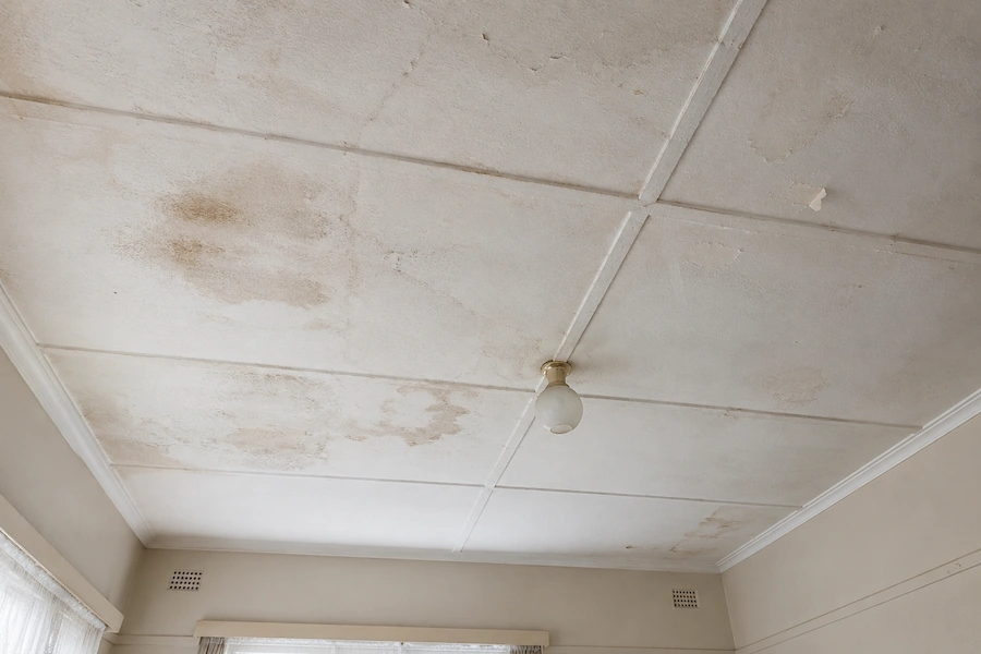 Water-damaged asbestos ceiling showing staining and deterioration before safe removal in Perth.