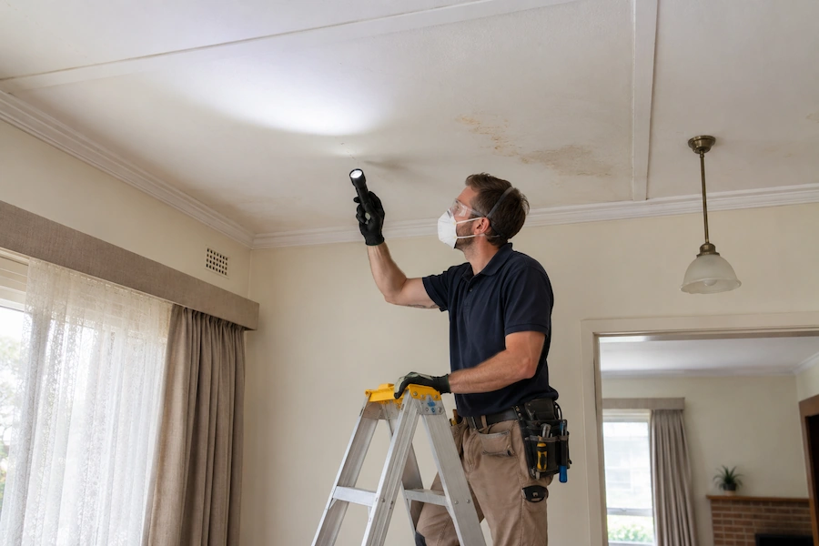 Professional inspection of an older ceiling before asbestos ceiling removal in a Perth home.