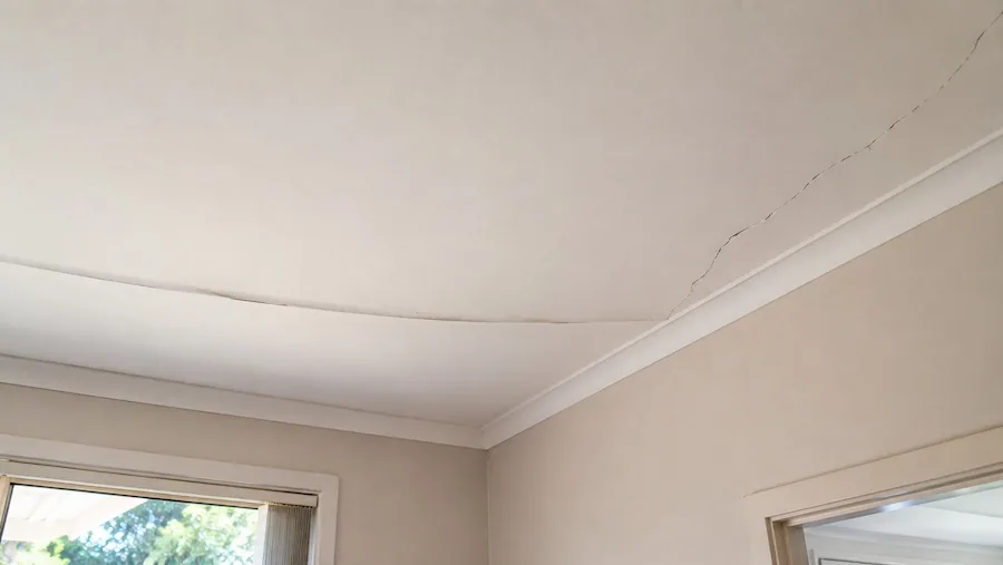 Visible bowed ceiling with a long ceiling crack requiring professional ceiling repair in Perth.