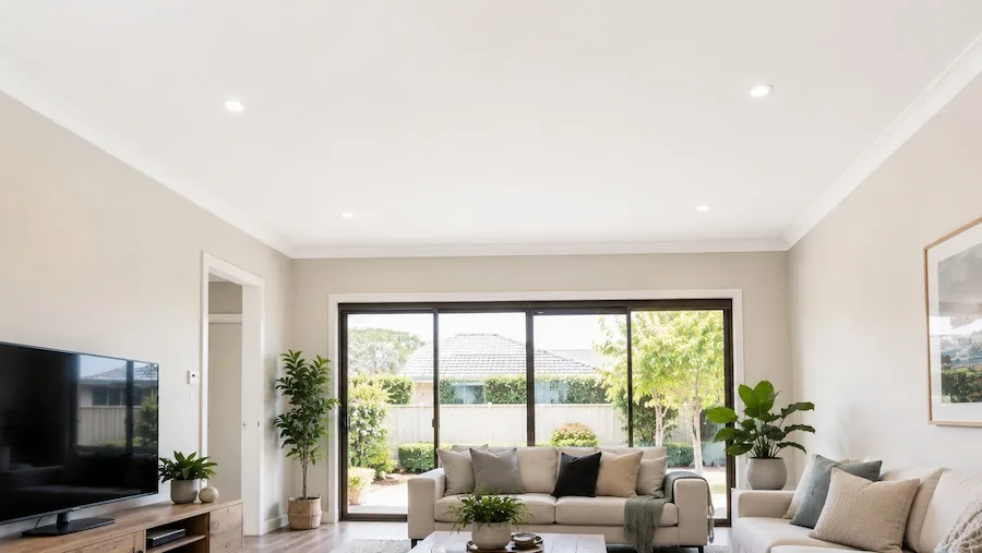 Professionally repaired bowed ceiling in a modern Perth home with a smooth, level finish.