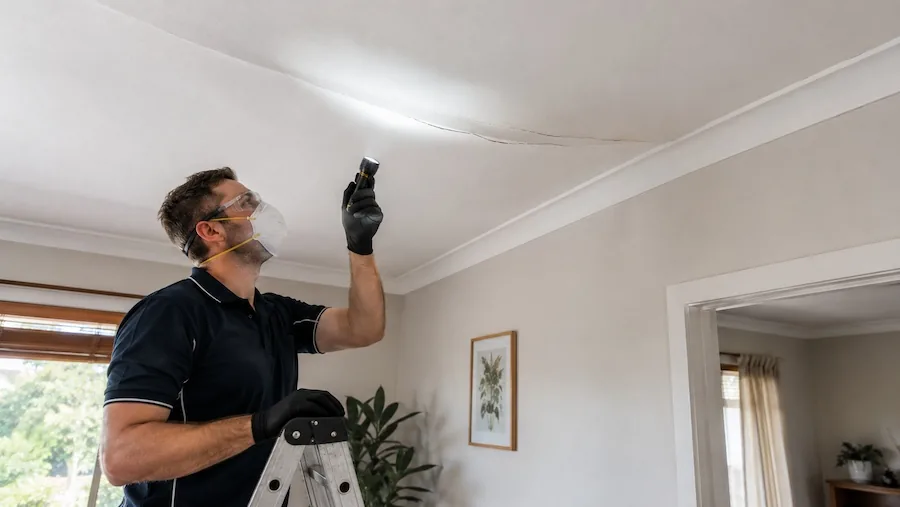 Ceiling repair specialist inspecting a bowed ceiling crack inside a Perth home.