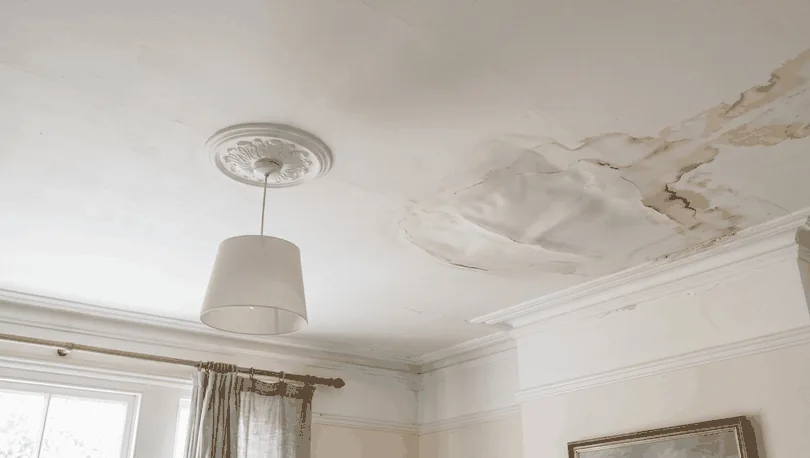 Water damaged ceiling near light fitting in Perth home showing sagging plaster and leak marks