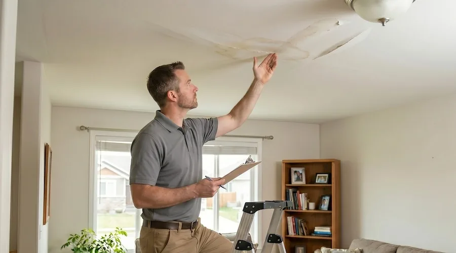 Professional inspecting water damaged ceiling for ceiling collapse causes and structural safety concerns
