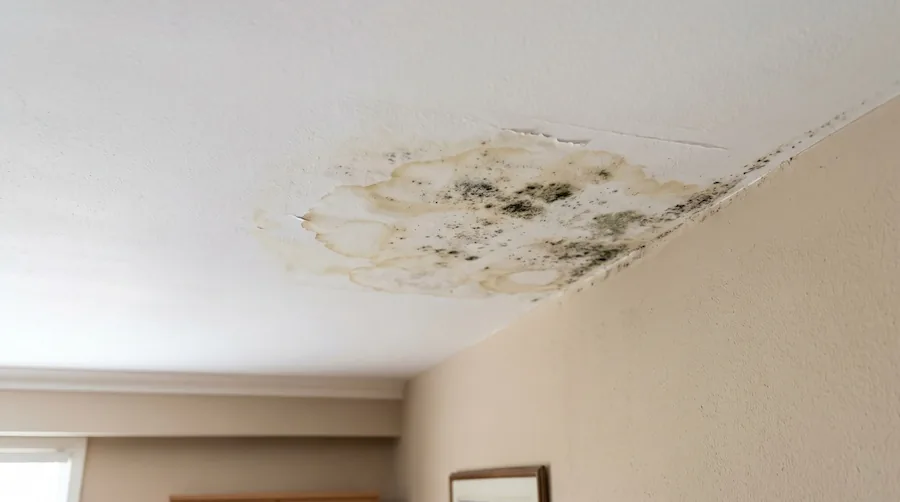 Ceiling water stain with mould growth caused by ongoing roof leak in Perth home