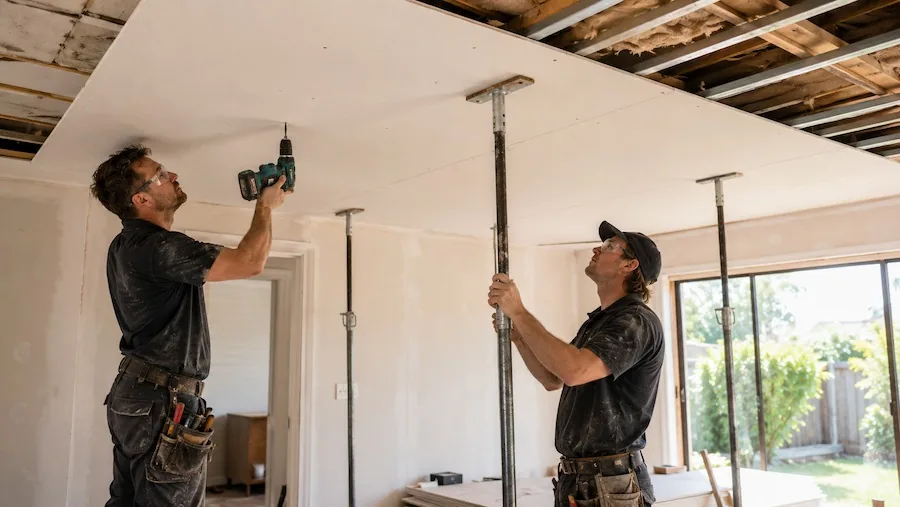 Tradesmen installing new plasterboard during a bowed ceiling repair in Perth, Western Australia.
