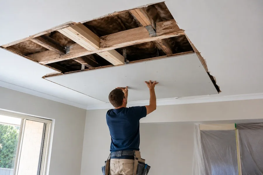 Professional termite ceiling damage repair underway with new plasterboard installation in Perth