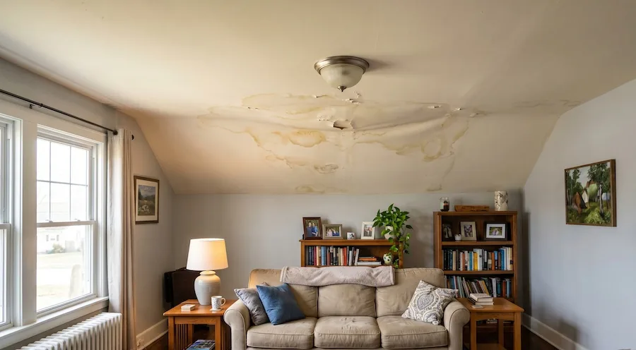 Water stained ceiling with widespread damage indicating potential ceiling collapse risk in a residential property