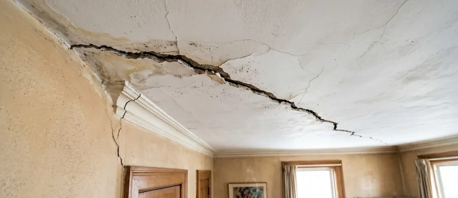 Major ceiling crack caused by structural movement and water damage, requiring urgent ceiling repairs in Perth.