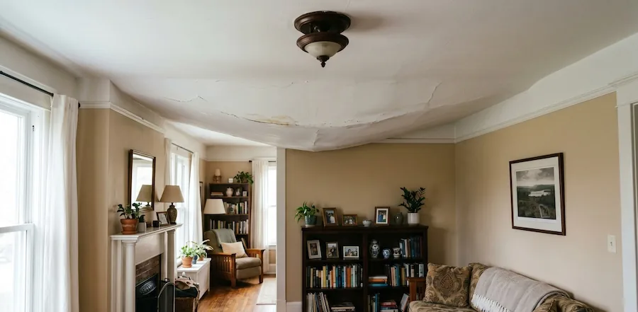 Sagging ceiling showing severe structural movement and early signs of potential ceiling collapse in a residential home