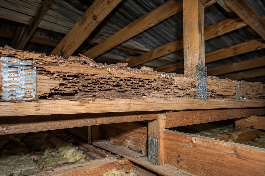 Severe termite damage to roof timbers above a ceiling in a Perth residential property