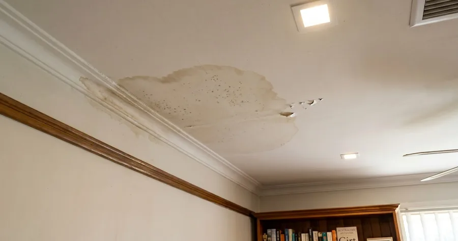 Water damaged ceiling with mould growth in Perth home showing signs of roof leak and moisture damage