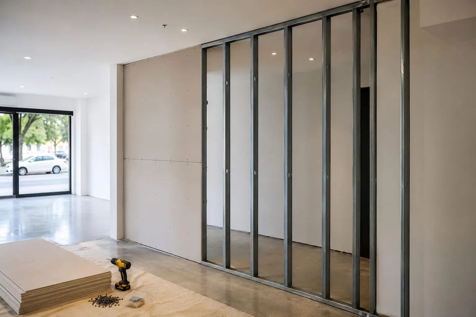 Commercial gyprock wall and ceiling partitions being installed in a Perth fitout