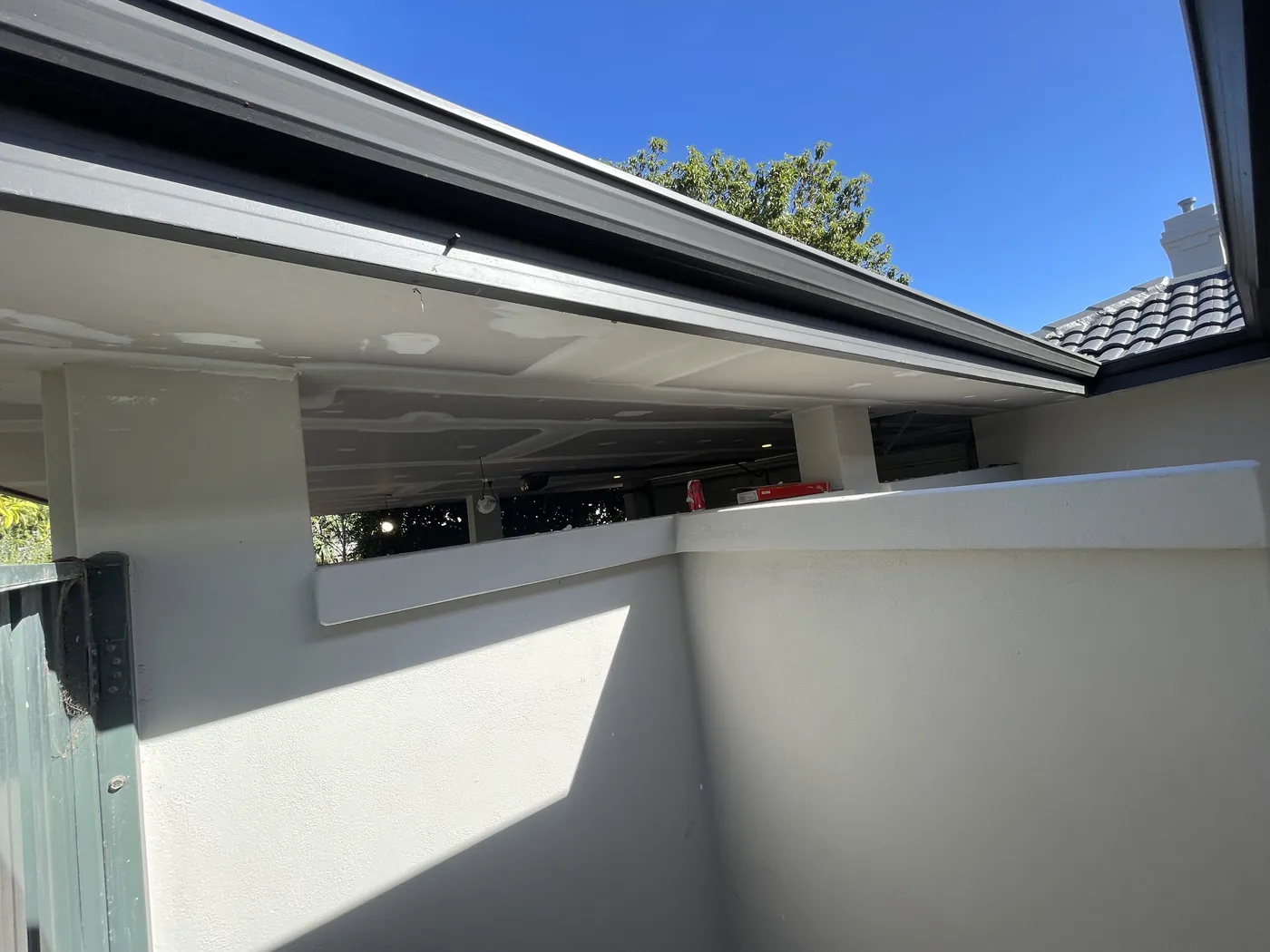 Lined underside of the alfresco roof at a Morley home
