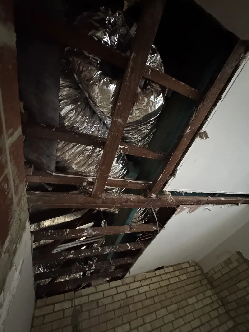 Foil-backed insulation and roof timbers above the removed ceiling in Victoria Park