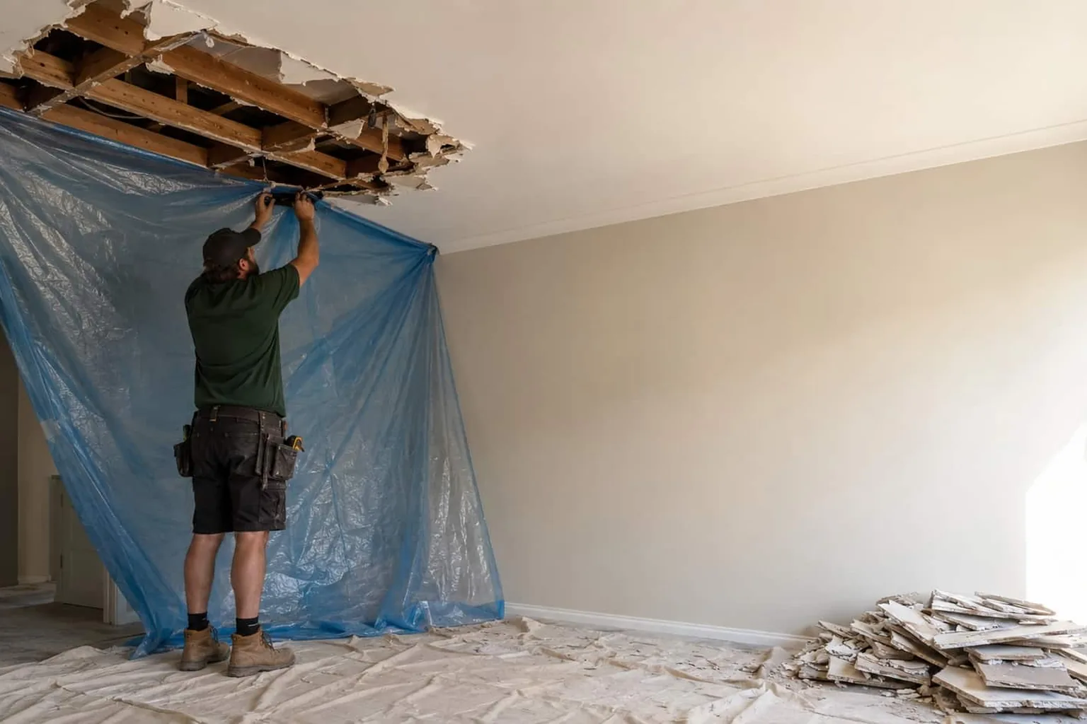 An emergency make safe in a Perth home, the room covered and the damaged ceiling contained