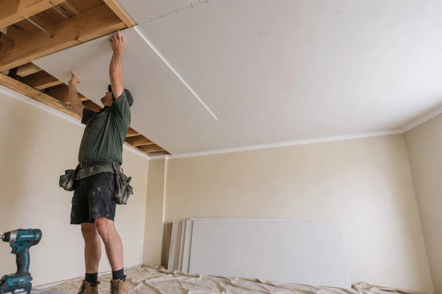 A gyprock ceiling being installed in a Perth home