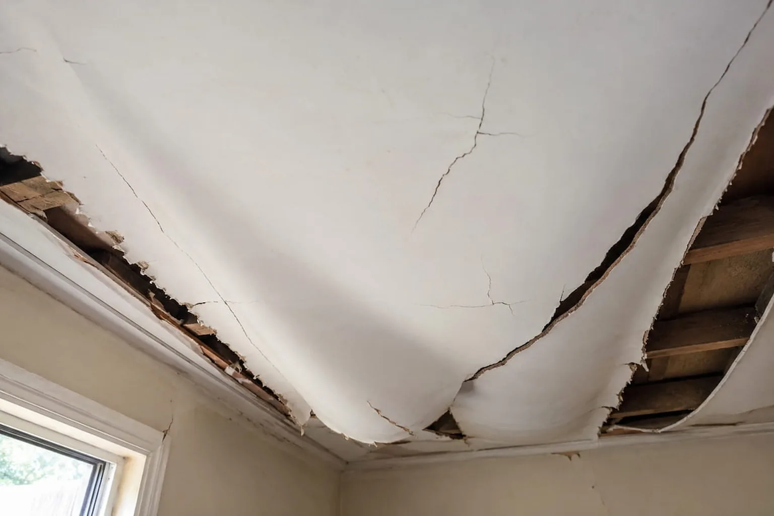 A badly sagging ceiling bowing down between the joists in an older Perth home