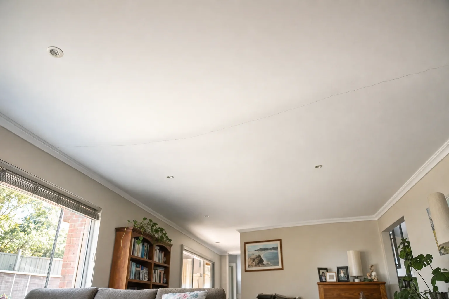 A lounge room ceiling in a Perth home bowed into a shallow dip with a fine crack following the sag