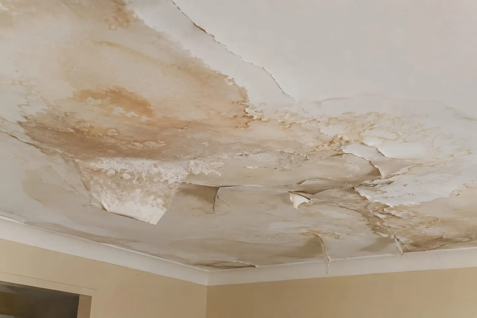 Plasterboard that has failed completely under sustained water damage, sagging and broken open