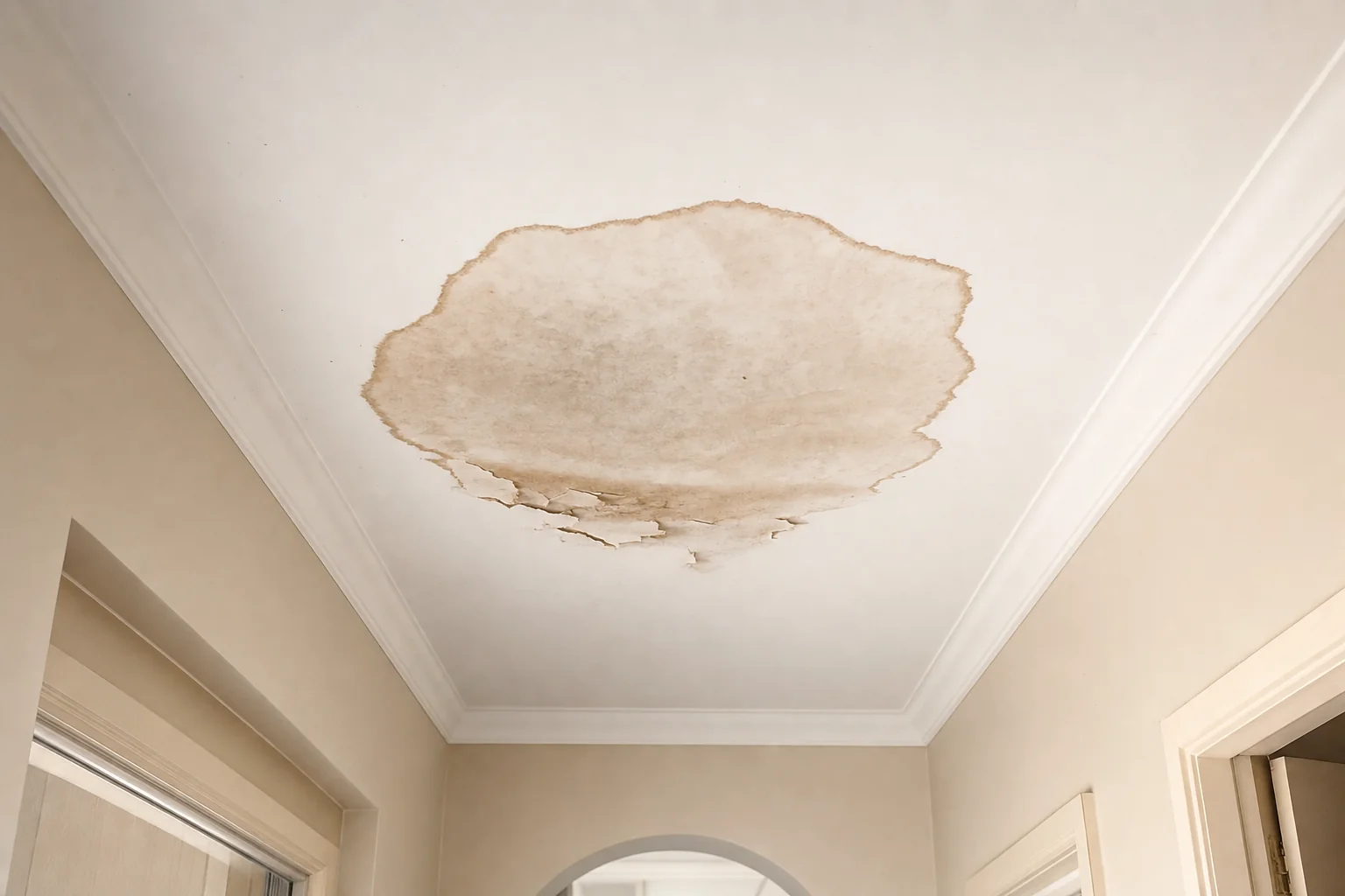 A large brown water stain spread across a Perth hallway ceiling with the paint blistered and lifting at its edge